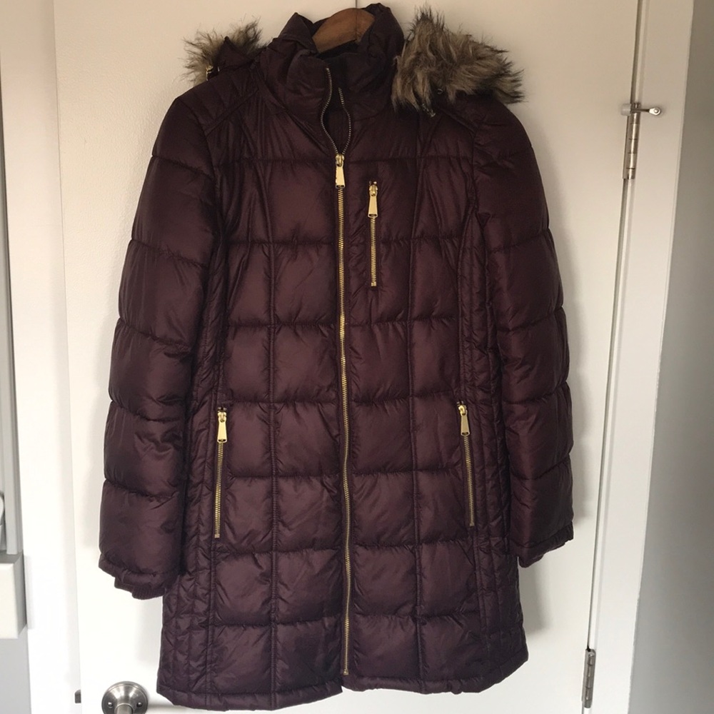 Purple Coat With Gold Zippers and Fur Hood